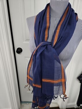 Navy Blue & Orange Lightweight French Linen and Silk Scarf